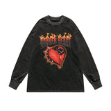 Mens Fall Outfits Punk Retro Flame Love Long Sleeve T-shirt Hip Hop Distressed Loose Oversize Sweater