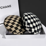 Beret Hat Women's Autumn and Winter Wool Knitted Beret Japanese Houndstooth Painter Hat