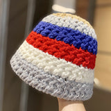 Toque Coarse Knitted Woolen Bucket Hat Women's Autumn and Winter Japanese Color Matching Hand-Knit Cap