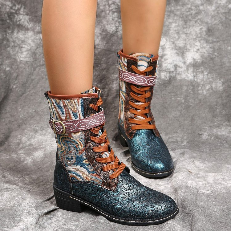 Coachella Ankle Boots Flower Embroidery Mid-Calf Square Heel Plus Size Fashion Boots