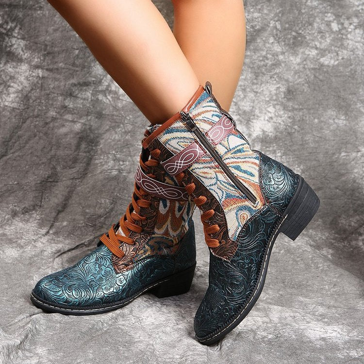 Coachella Ankle Boots Flower Embroidery Mid-Calf Square Heel Plus Size Fashion Boots