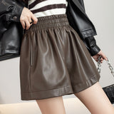 Leather Shorts Autumn Motorcycle PU Leather Short Female Wide-Leg Bootcut Shorts
