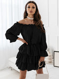 Red Peasant Dress Autumn Solid Color off-Shoulder Irregular Dress