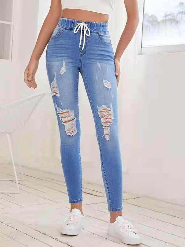 Low Rise Jeans Elastic Waist Jeans Women's High Waist Lace up Slim Fit Stretch Feet Pants Hip Lifting Denim Trousers