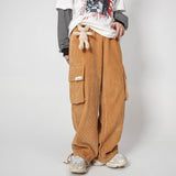 Mens Fall Outfits Corduroy Overalls Loose Straight Drawstring Ankle-Tied Wide-Leg Pants