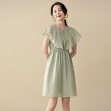 Green Fairycore Dress Summer Polka Dot Printed round Neck Dress Slimming Waist Mid-Length Dress