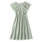 Green Fairycore Dress Summer Polka Dot Printed round Neck Dress Slimming Waist Mid-Length Dress