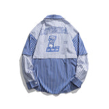 Men Shacket Long Sleeve Autumn Shirt Autumn Leisure Contrast Color Stripe Stitching Loose Shirt