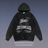 Men Fall Outfits Hooded Sweater Retro Washed Distressed Printed Loose Hoodie