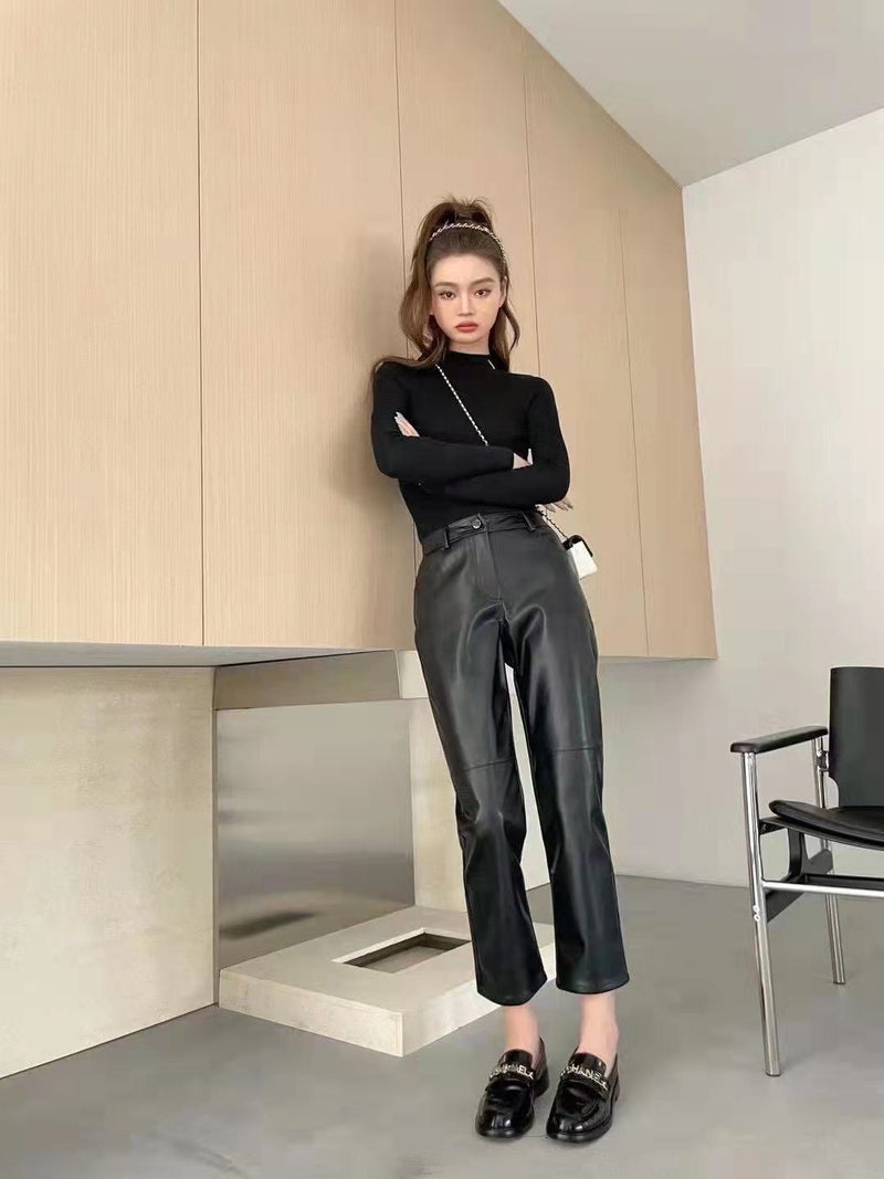 Faux Leather Pants Autumn and Winter Straight Pants Slimming Cropped Pants Tappered Tappered Harem Pants for Women