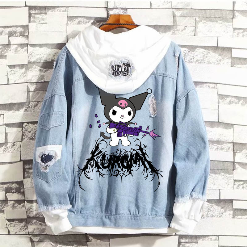 Kuromi Zip up Hoodie Denim Fake Two Pieces Cute Fashion Kulomi Printed Jacket Casual Coat
