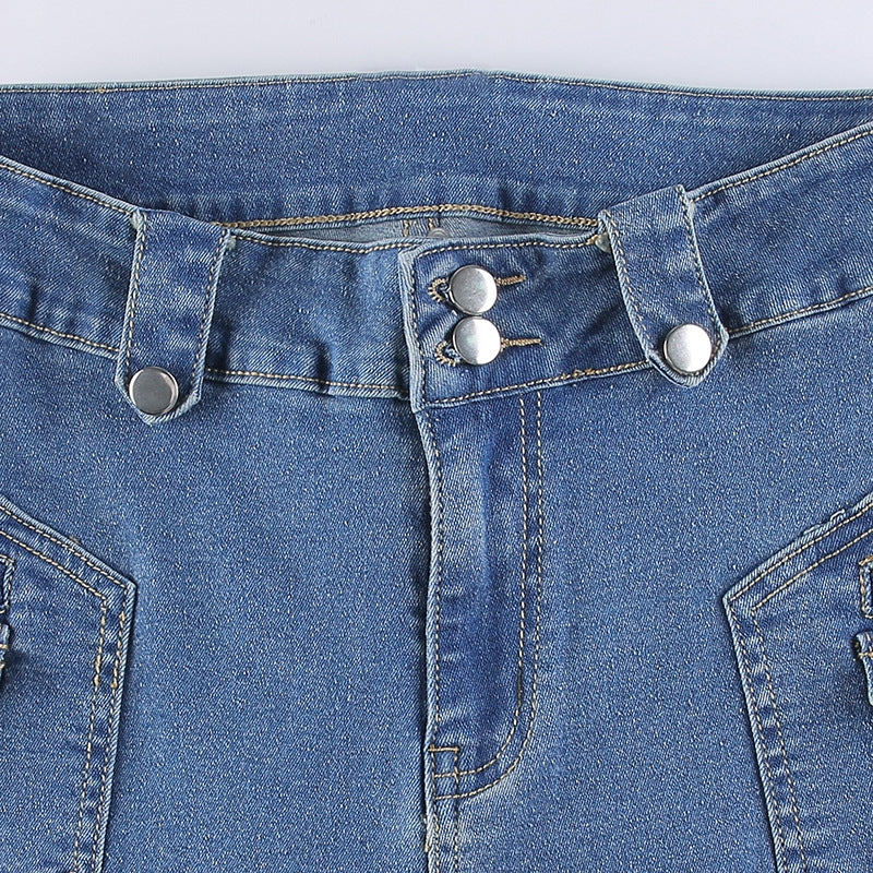 Low Rise Jeans Autumn Low Waist Button Pocket Stitching Trousers Hip Raise Slim Fit Jeans