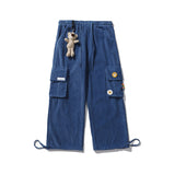 Mens Fall Outfits Corduroy Overalls Loose Straight Drawstring Ankle-Tied Wide-Leg Pants
