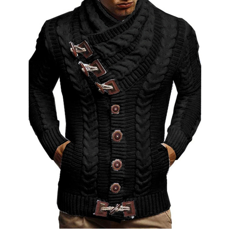 Men's Turtleneck Buttons Horn Button Leather Ring Knitted Cardigan Sweater