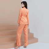 Women Pants Suit Uniform Designs Formal Style Office Lady Bussiness Attire Autumn Waist Slimming and Fashionable Long Sleeve Tied High Waist Wide Leg Pants Two-Piece Set Women