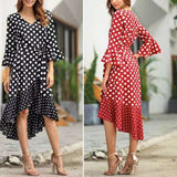 Red Peasant Dress Spring/Summer Polka Dot Patchwork Ruffled V-neck Dress