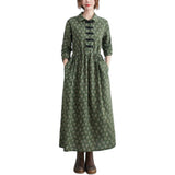 Green Fairycore Dress Autumn Retro Art Frog Button Small Floral Mid-Length Cotton and Linen Dress for Women