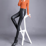 Black Leather Pants Matt Leather Pants Women's Autumn and Winter Fleece-Lined High Waist Tight Black Skinny Pants