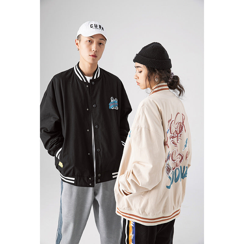 Spring Cartoon Printed Baseball Collar Jacket Male Student Large Size Sports Retro Jacket Neutral Men Jacket