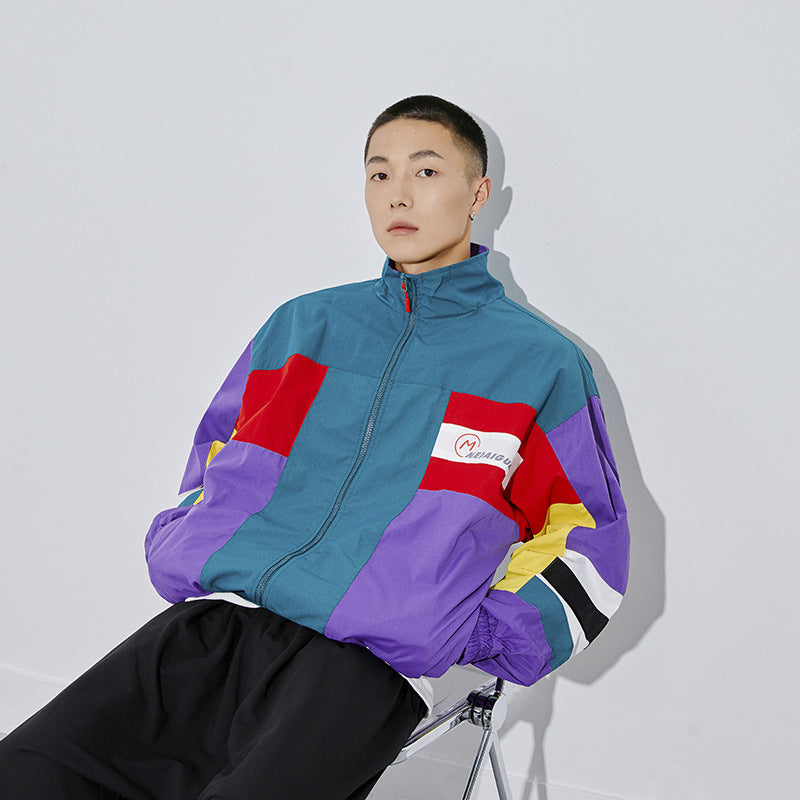 80's Colorful Leather Jacket Autumn School Uniform Sports Jacket Men Lapel Bboy Skateboard Coat Top