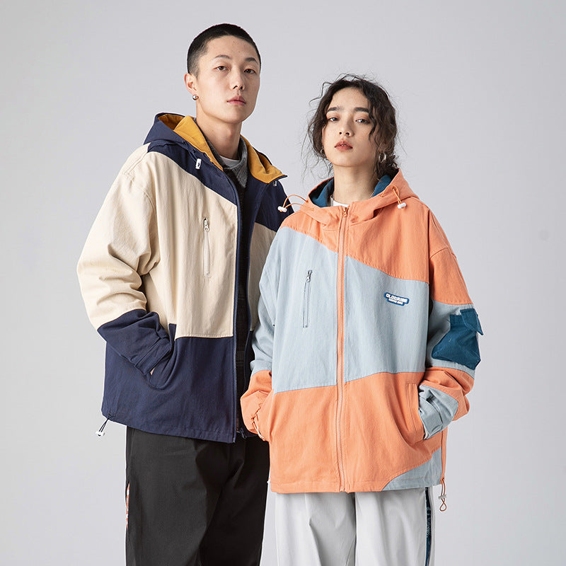 Men's Spring plus Size Retro Sports Colorblock Hood Jacket Men's Oversize Jacket Men's Jacket Men Jacket