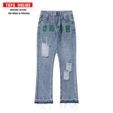 Mens Fall Outfits High Street Alphabet Embroidery Ripped Denim Pants Casual Retro Bootleg Pants