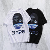 A Ape Print T Shirt Summer Loose Cartoon Printed Short Sleeve Leisure Pullover Collarless White Bottoming Shirt