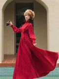 Red Peasant Dress Autumn and Winter French Retro Corduroy Long-Sleeved Red Dress Annual Meeting Formal Dress