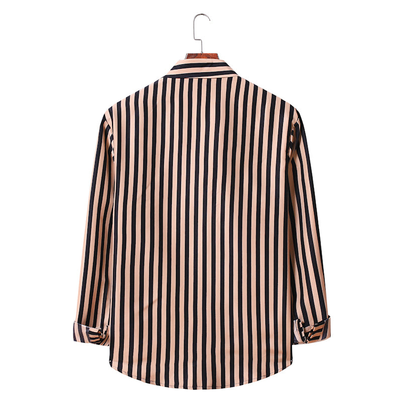 Men's Striped Long Sleeve Youth Fashion Business Casual Lining Large Size Retro Sports Men Shirt