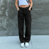 Low Rise Jeans Straight Jeans Autumn Solid Color Pockets Patchwork Cargo Pants Trousers