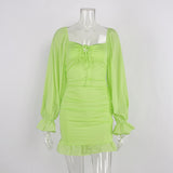 Drawstring Tight Homecoming Dresses Tight-Fitting Cinched Sexy Ruffles Short Dress Solid Color Long Sleeve Dress