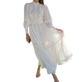Green Fairycore Dress Summer Elegant Waist-Tight Slimming Puff Sleeve V-neck Patchwork Belt Long Dress