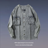 Mens Fall Outfits Spring and Autumn Washed Distressed Workwear Jacket Loose All-Matching V-neck Shirt Coat