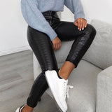 Faux Leather Pants High Waist Casual Crocodile Pattern Leather Pants Women Zipper Skinny Pants