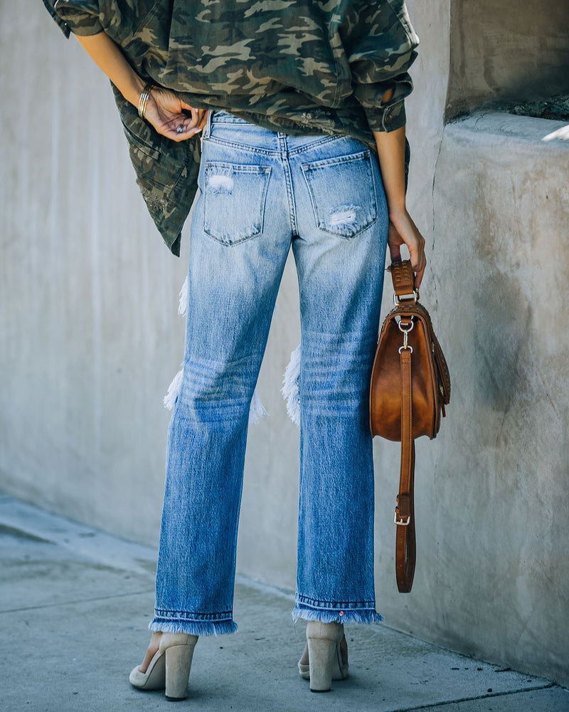 100 Cotton Jeans Women's Spring and Autumn Ripped Metal Buckle with Pockets Denim Trousers for Women