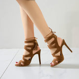 Black Strappy Heels Summer Peep Toe Super High Heel Hollow-out Roman Shoes Sandal Boots