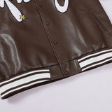 Two Tone Leather Jacket Letter Embroidered Long Sleeve Baggy Coat Men's and Women's Leather Baseball Uniform