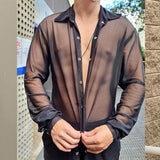 Rave Outfits Men Shirt Spring Leisure Sheer Top Slim Fit Fashion Long Sleeve