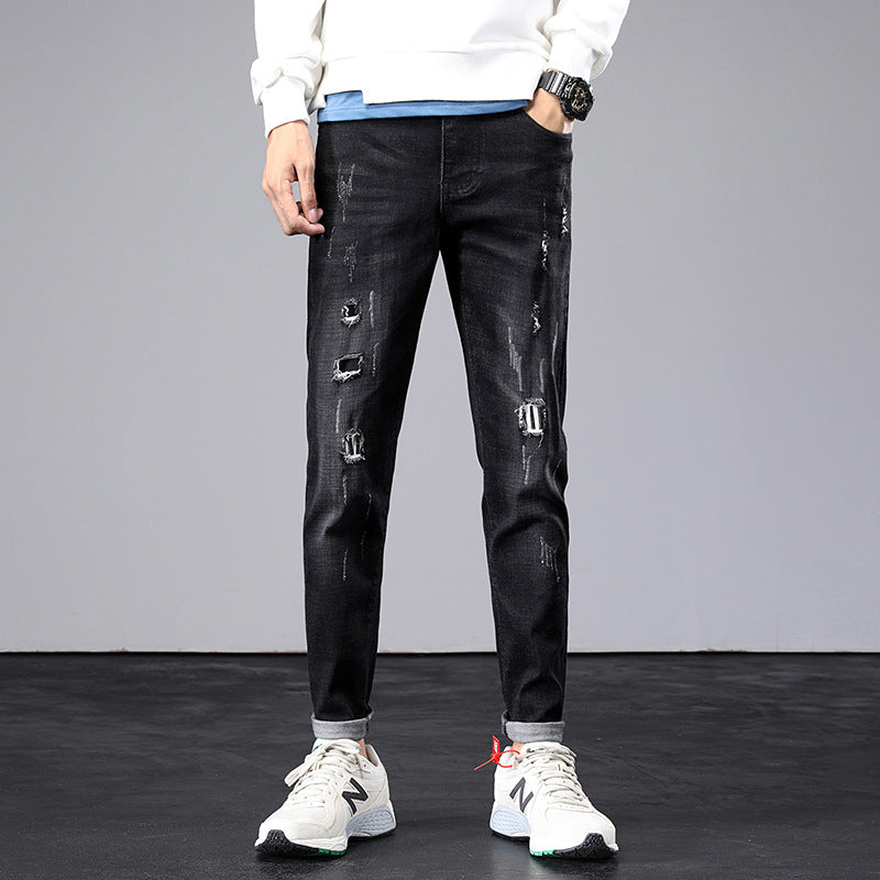 Men Distressed Jeans Man Ripped Jean Destructed Denim Pants Men Summer Jeans Spring Slim-Fitting Stretch Ripped Ankle-Tied Jeans plus Size Retro Sports Men