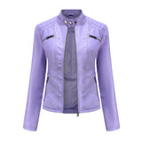 Hot Pink Motorcycle Jacket Women Casual Leather Clothing Stand-up Collar Jacket