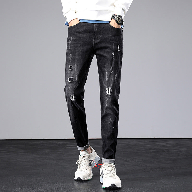 Men Distressed Jeans Man Ripped Jean Destructed Denim Pants Men Summer Jeans Spring Slim-Fitting Stretch Ripped Ankle-Tied Jeans plus Size Retro Sports Men