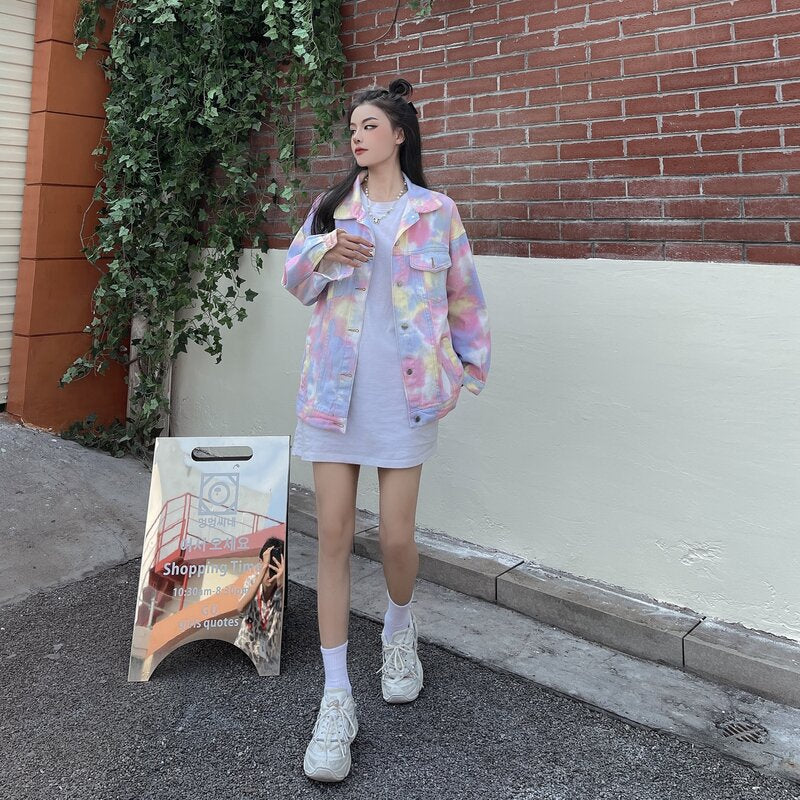 80's Colorful Leather Jacket Colorful Tie-Dyed Fried Street Denim Jacket for Women Spring and Autumn