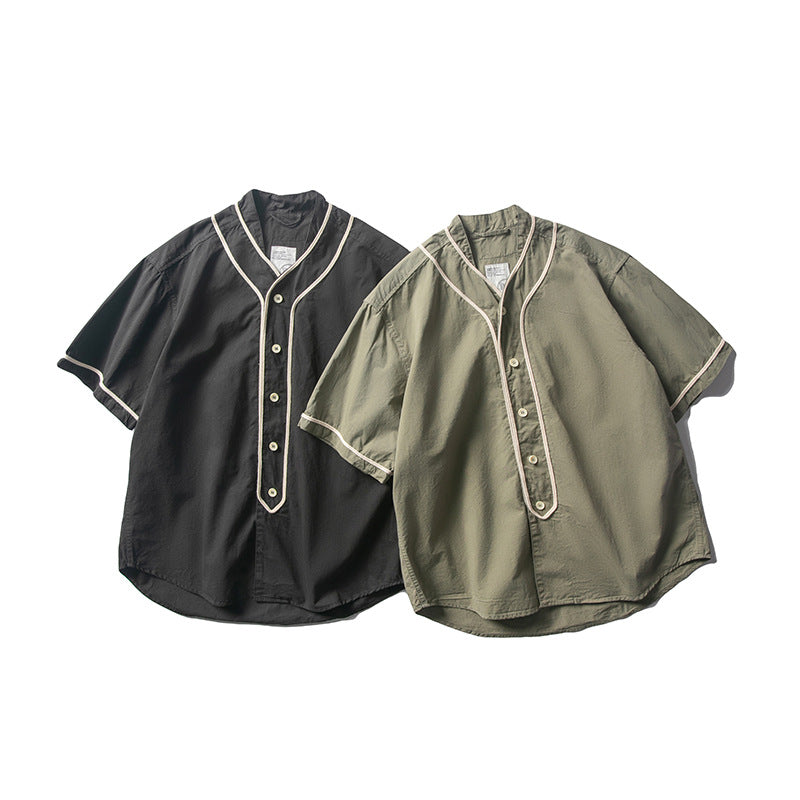 Varsity Jacket for Men Baseball Jackets Short Sleeve Shirt Men Spring and Summer Retro Street Trendy Unique Contrast Color Baseball Collar Casual Shirt