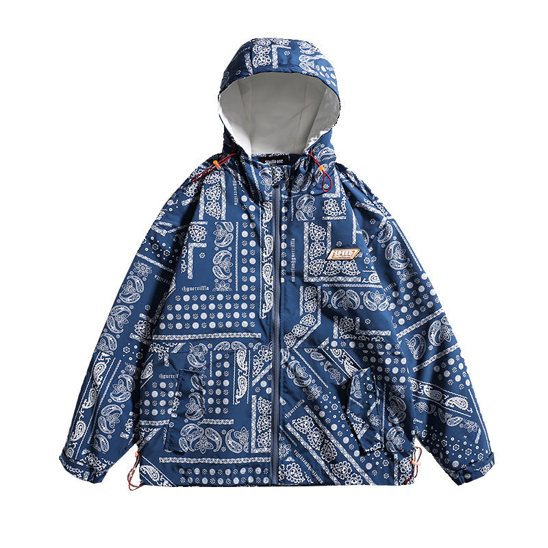Spring Trendy All-Match Printed Hooded Jacket Men's Large Size Sports Retro Jacket Men Jacket