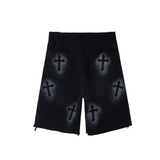 Men Jean Shorts Printed Raw Edge Denim Shorts Men's Loose Fifth Pants Summer Casual Straight-Leg Middle Pants