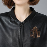Women's Leather Jacket with Patches Embroidered Sequin Women's Baseball Collar Leather Jacket Cropped Leather Coat