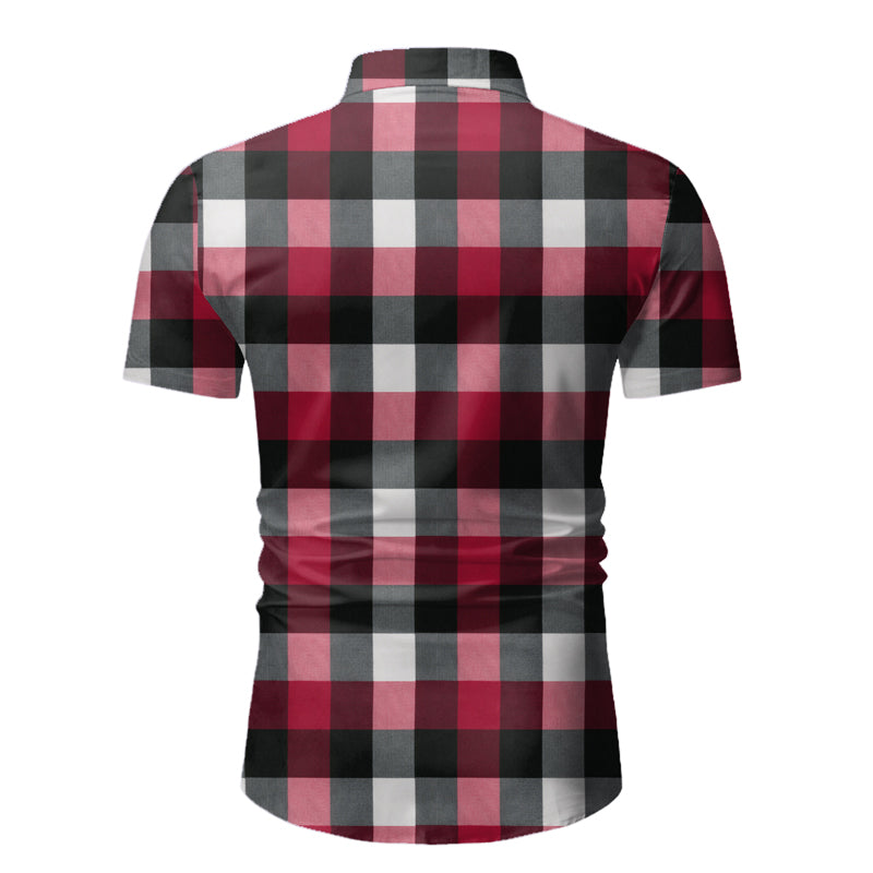 Men's Slim Fit Short Sleeve Plaid plus Size Retro Sports Youth Fashion Casual Men Shirt