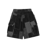 Men Jean Shorts Stitching Denim Shorts Men's Street Large Pocket Loose Straight Shorts