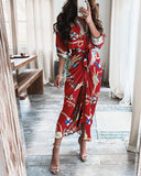 Red Peasant Dress Summer Long-Sleeve V-neck Buttons Printed Dress Long Dress Women's Dress