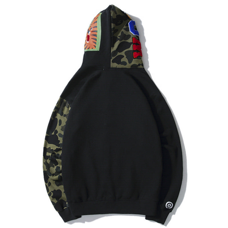 A Bath Ape Shark Embroidery Camouflage Stitching Sleeves Patchwork Pocket Zipper Velvet Sweater Coat Men